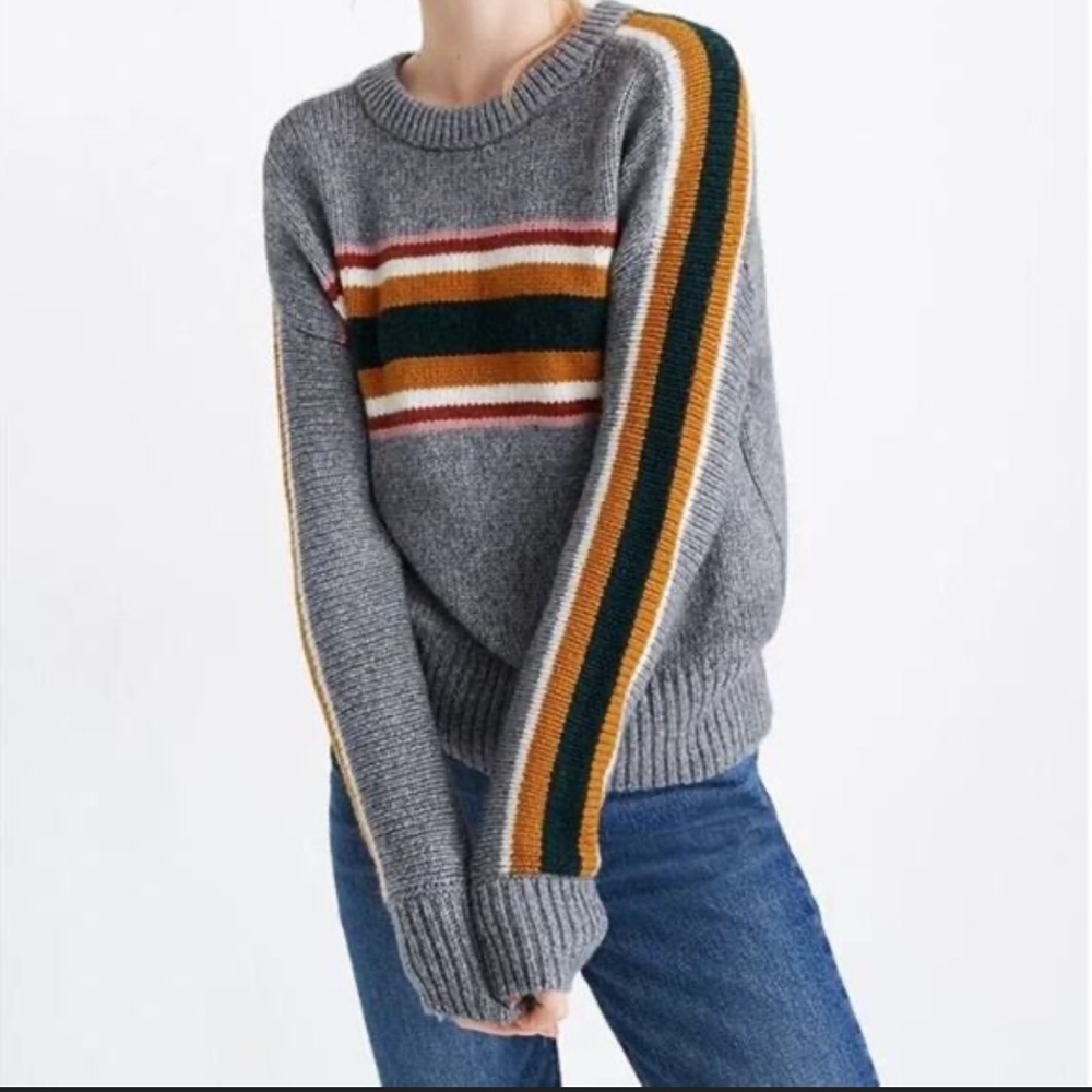 Madewell Gray and Multicolor Striped Crewneck Sweater
